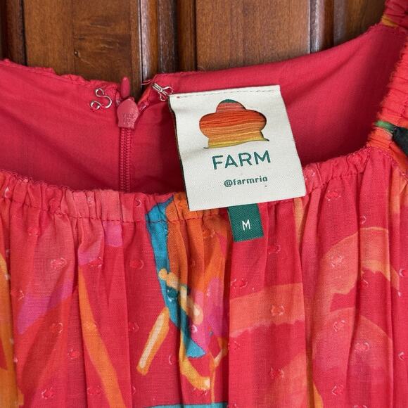 FARM Rio Midi Dress Sz Medium Red Ipanema Ruffle Sleeveless Tropical Resortwear - Picture 4 of 7